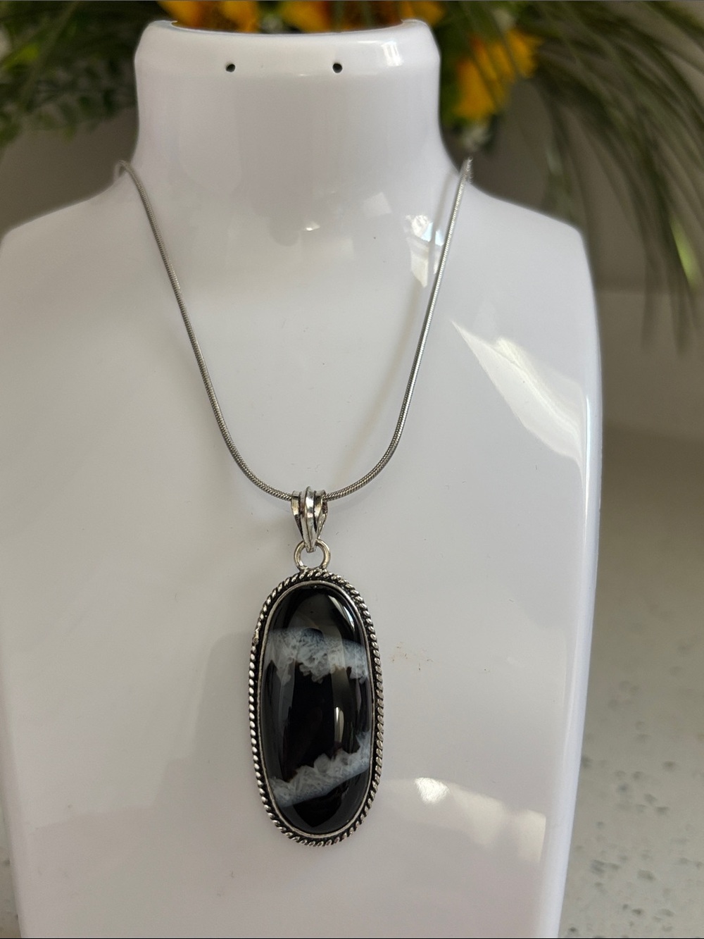 Sterling Silver Black & White Botswana Agate Gemstone Pendant Necklace
